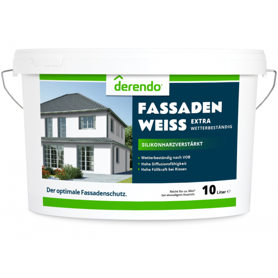 Derendo silikonharzverstärkte Fassadenfarbe weiß mit EXTRA Wetterschutz - 10 Liter